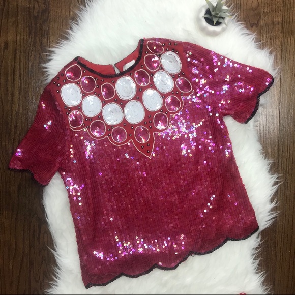 Leslie Fay Tops - Vintage 100% Silk Red and White Sequin Top
